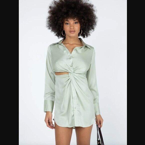 Princess Polly Sari Green Satin Long Sleeve Collared Mini Dress 6 - Picture 1 of 9